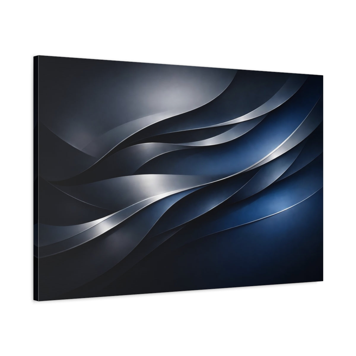 Side Mockup 1. Abstract Wavy Lines Blue And Silver shown as stretched canvas wall art
