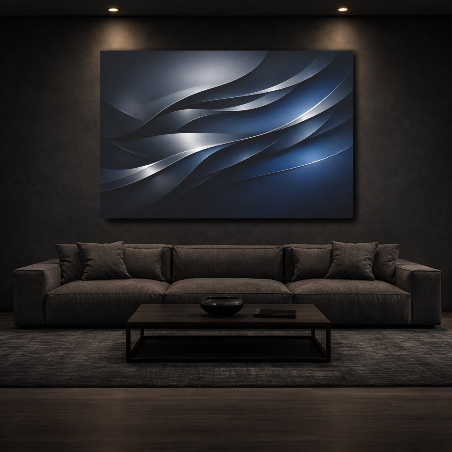 Mockup 2. Abstract Wavy Lines Blue And Silver shown as stretched canvas wall art