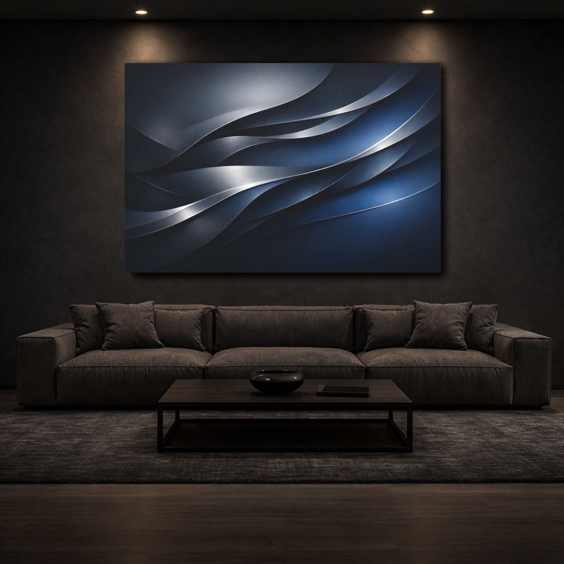 Mockup 2. Abstract Wavy Lines Blue And Silver shown as stretched canvas wall art