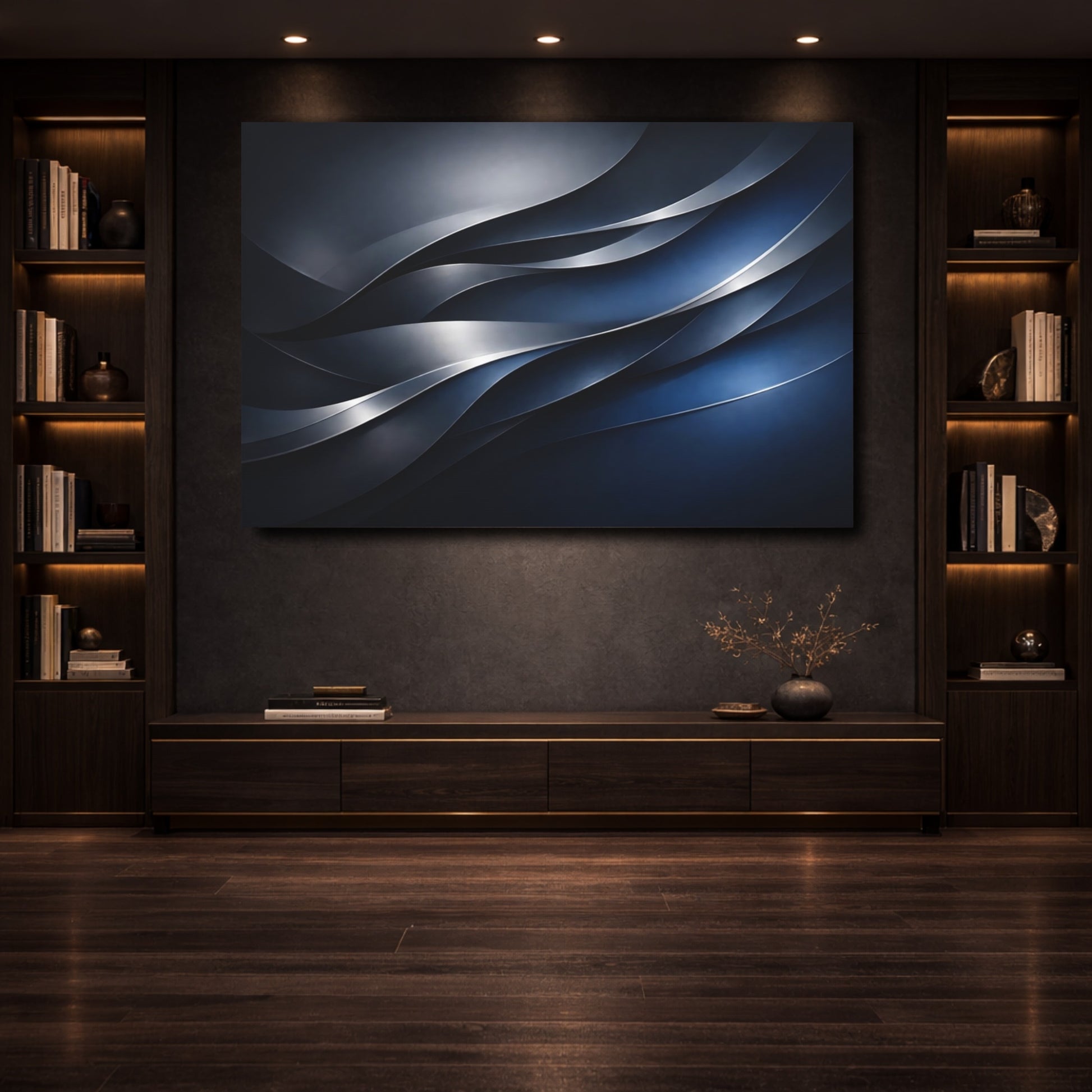 Mockup 3. Abstract Wavy Lines Blue And Silver shown as stretched canvas wall art