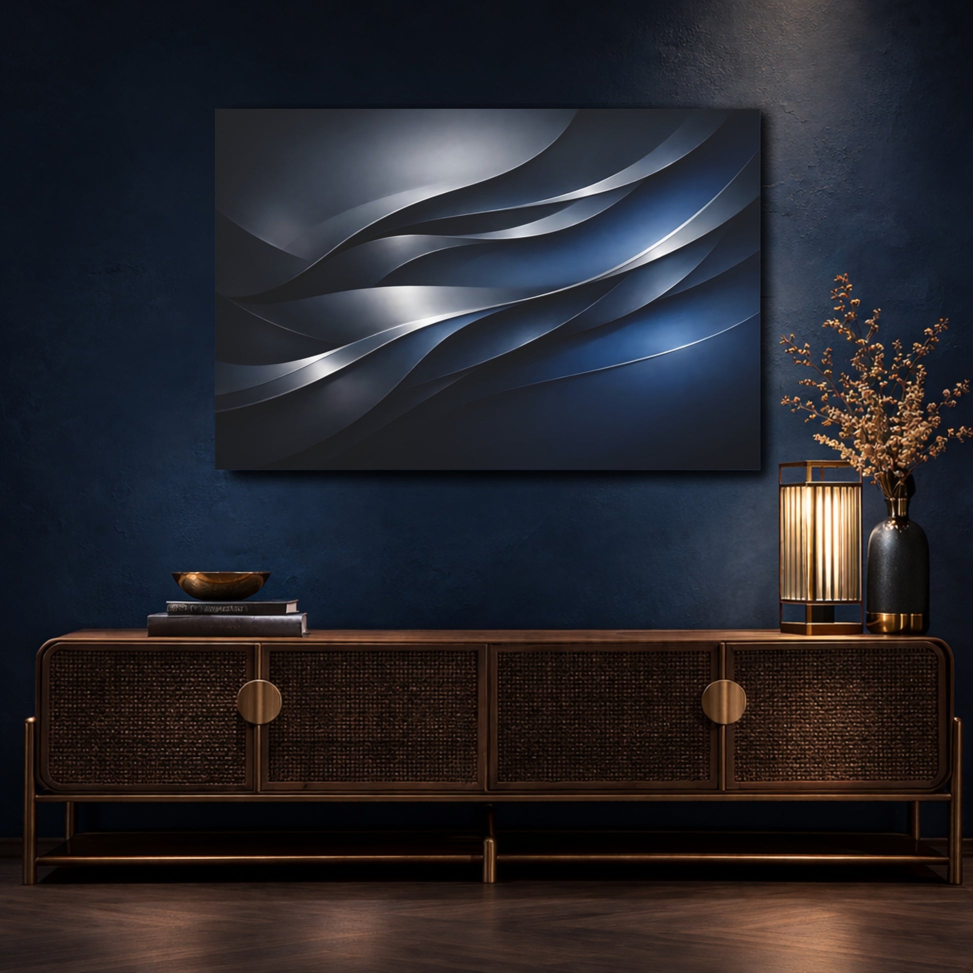 Mockup 4. Abstract Wavy Lines Blue And Silver shown as stretched canvas wall art