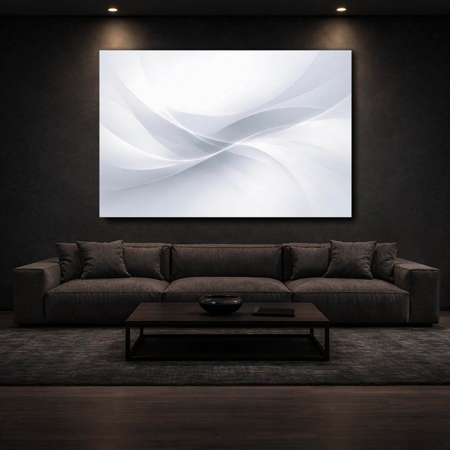 Mockup 2. Abstract Wavy Lines Grey White Abstract shown as stretched canvas wall art
