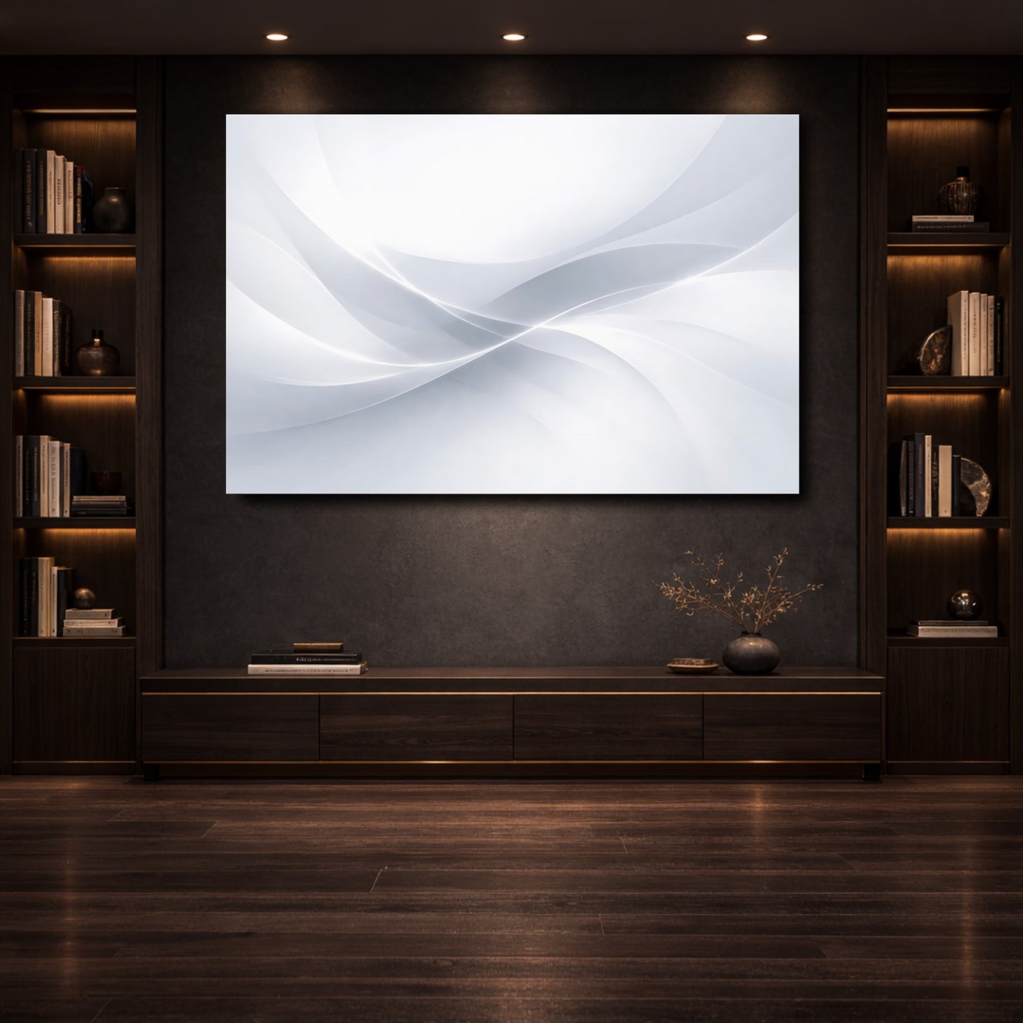Mockup 3. Abstract Wavy Lines Grey White Abstract shown as stretched canvas wall art