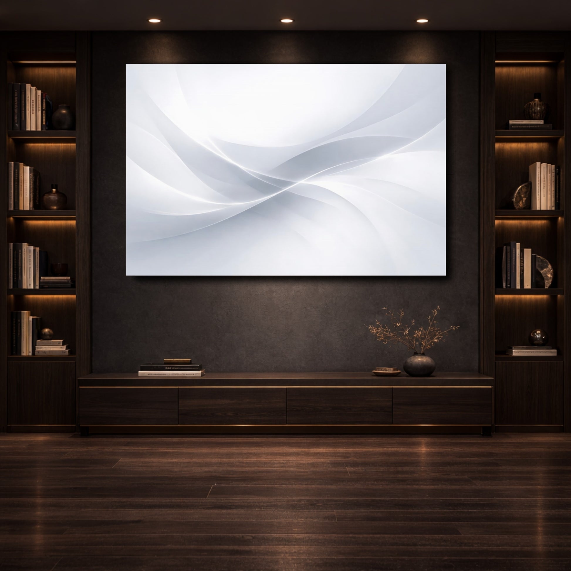 Mockup 3. Abstract Wavy Lines Grey White Abstract shown as stretched canvas wall art