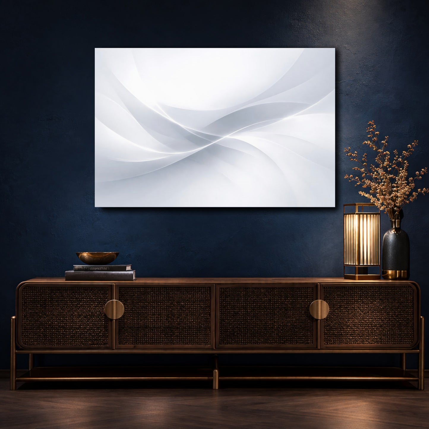 Mockup 4. Abstract Wavy Lines Grey White Abstract shown as stretched canvas wall art