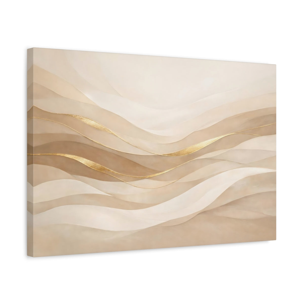 Side Mockup 3. Abstract Wavy Lines Neutral Gold shown as stretched canvas wall art