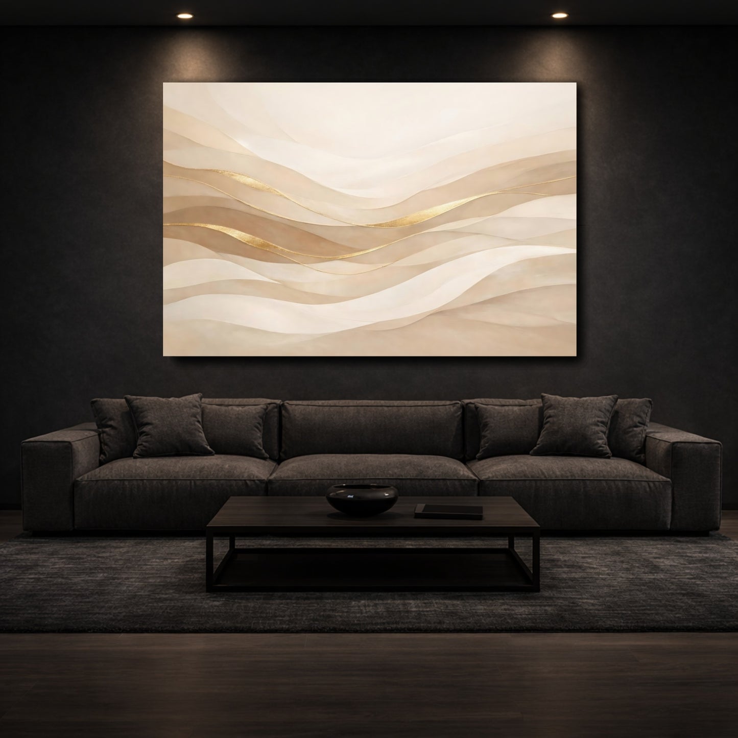 Mockup 2. Abstract Wavy Lines Neutral Gold shown as stretched canvas wall art