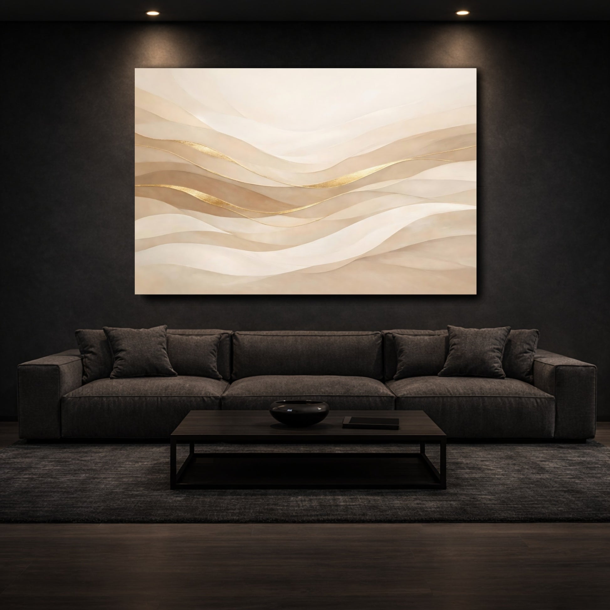 Mockup 2. Abstract Wavy Lines Neutral Gold shown as stretched canvas wall art