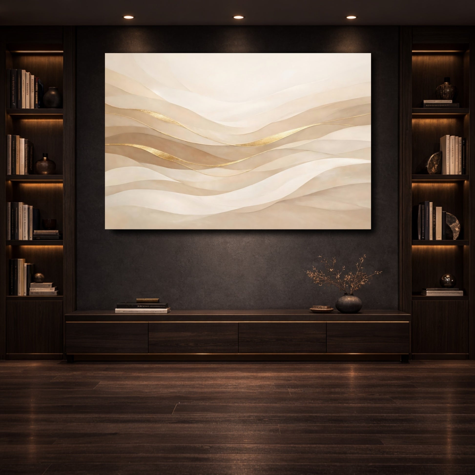Mockup 3. Abstract Wavy Lines Neutral Gold shown as stretched canvas wall art
