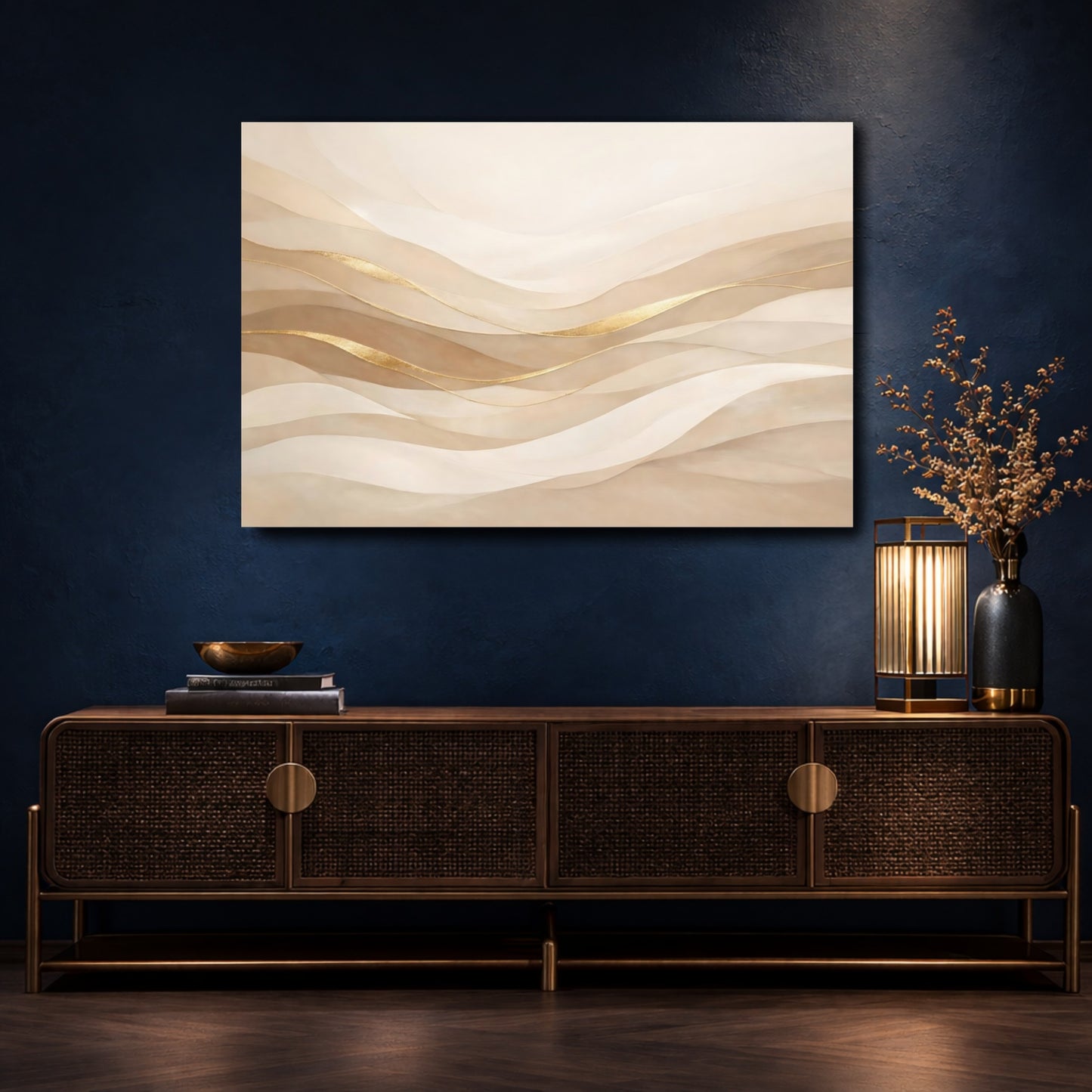 Mockup 4. Abstract Wavy Lines Neutral Gold shown as stretched canvas wall art
