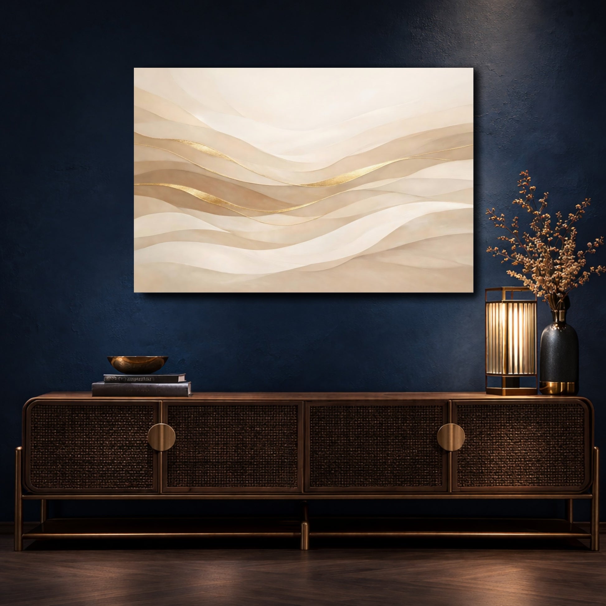 Mockup 4. Abstract Wavy Lines Neutral Gold shown as stretched canvas wall art