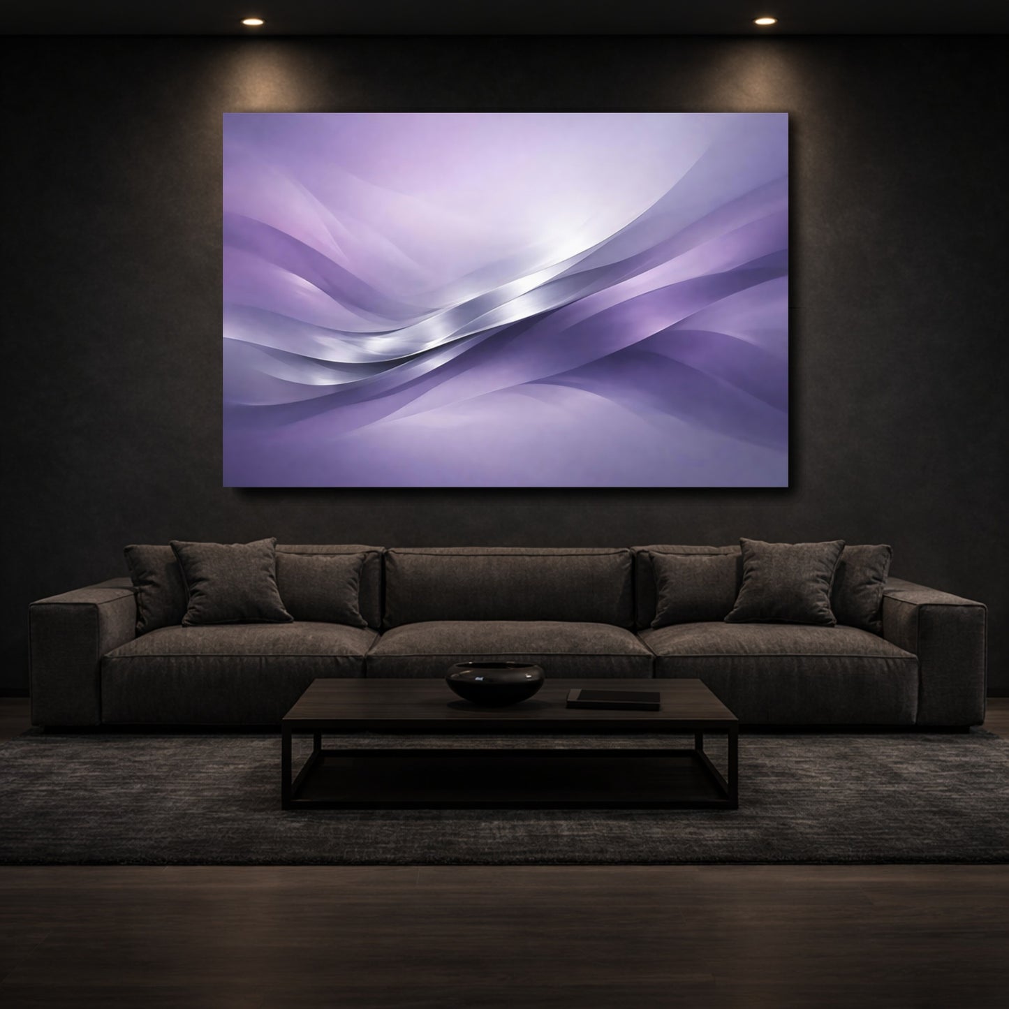Mockup 2. Abstract Wavy Lines Purple Abstract shown as stretched canvas wall art