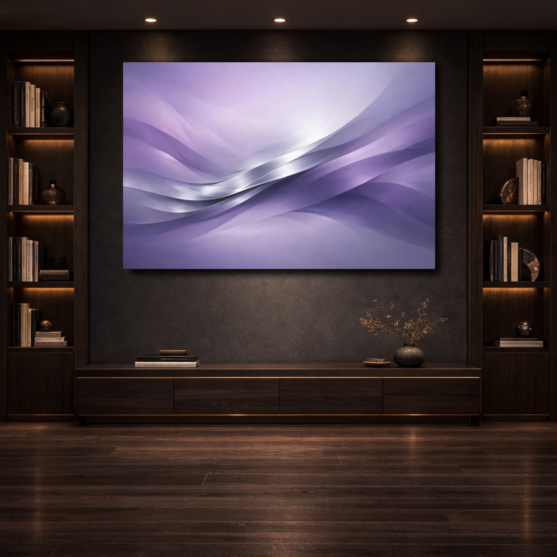Mockup 3. Abstract Wavy Lines Purple Abstract shown as stretched canvas wall art