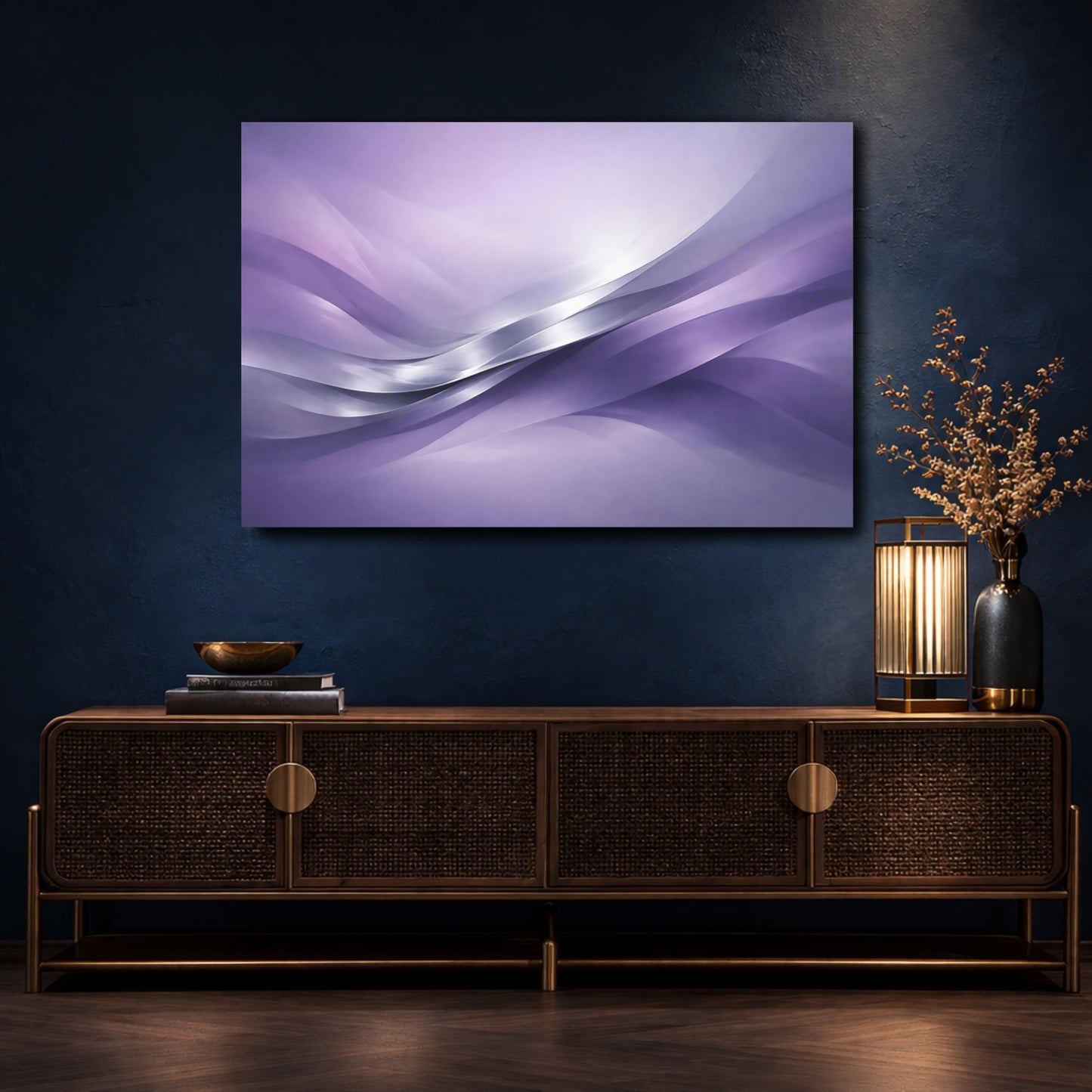 Mockup 4. Abstract Wavy Lines Purple Abstract shown as stretched canvas wall art