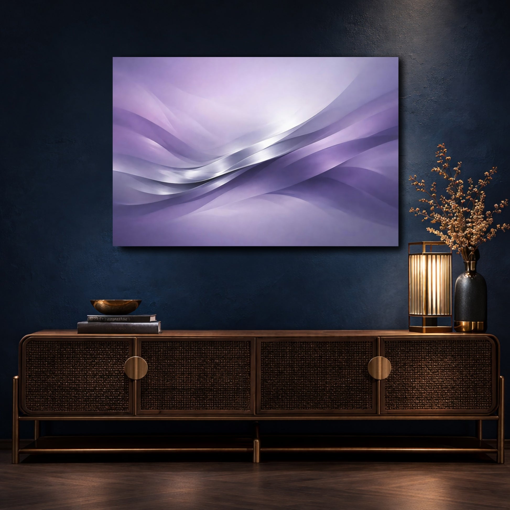 Mockup 4. Abstract Wavy Lines Purple Abstract shown as stretched canvas wall art