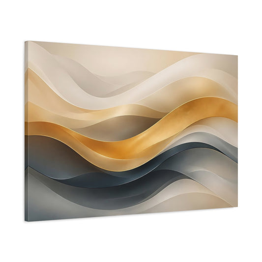 Main Mockup. Abstract Wavy Ribbons Gold And Teal shown as stretched canvas wall art