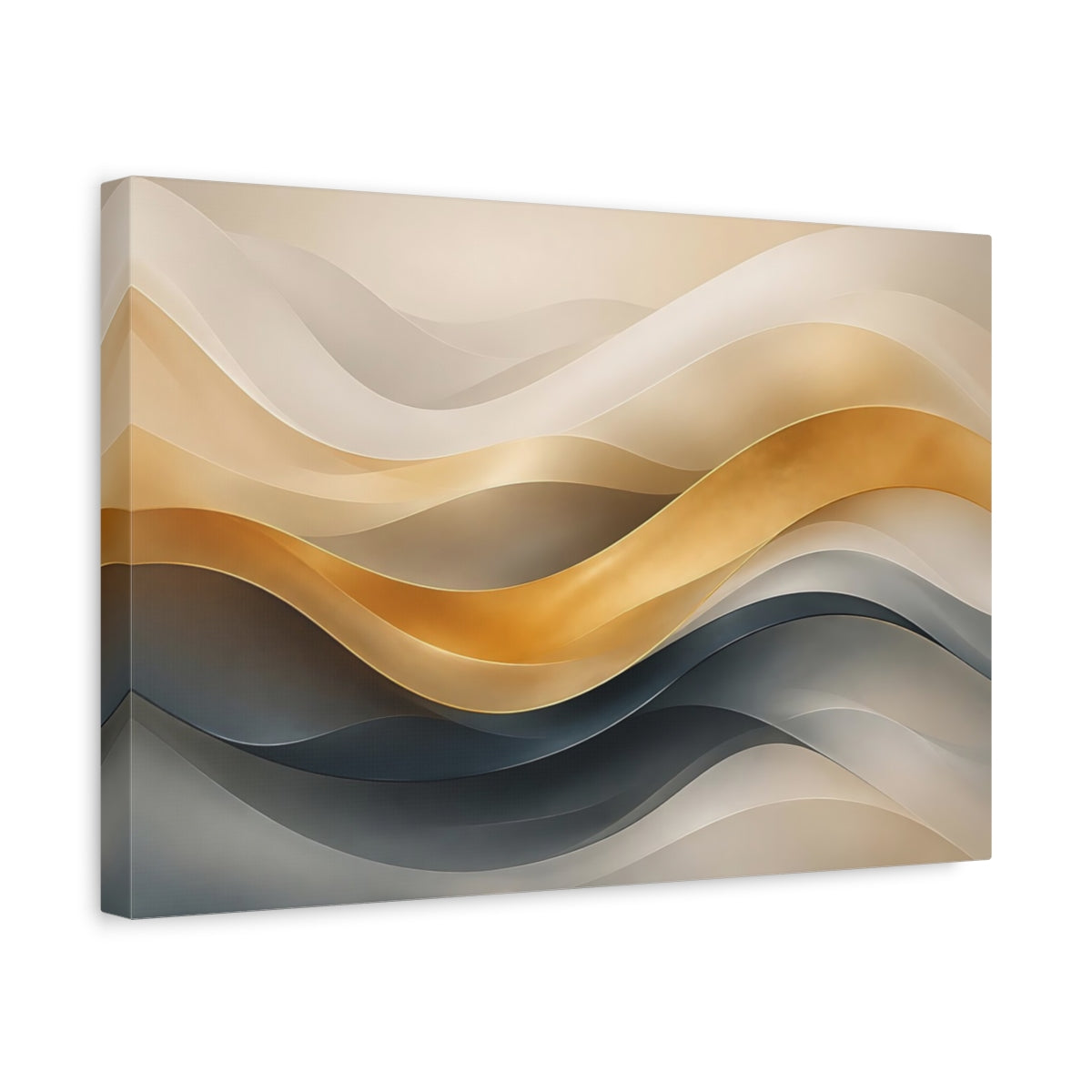 Side Mockup 4. Abstract Wavy Ribbons Gold And Teal shown as stretched canvas wall art