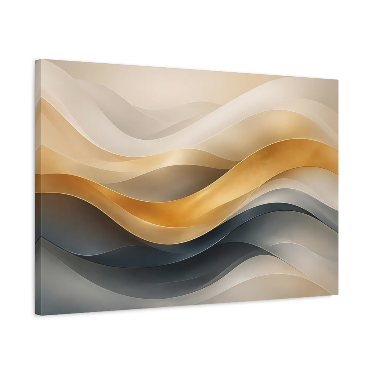Side Mockup 2. Abstract Wavy Ribbons Gold And Teal shown as stretched canvas wall art