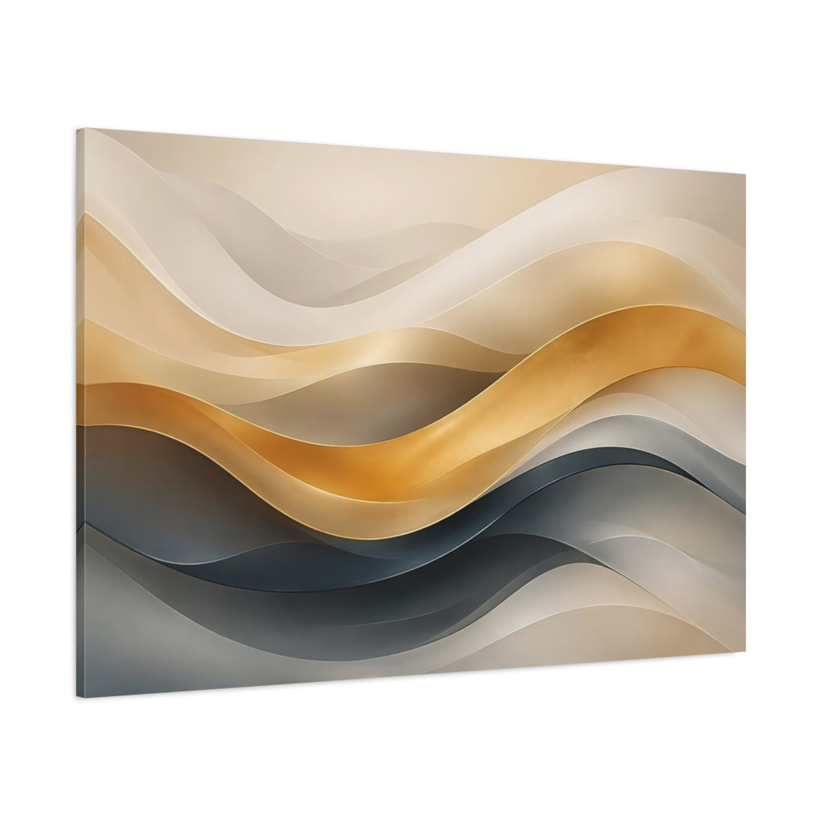 Side Mockup 1. Abstract Wavy Ribbons Gold And Teal shown as stretched canvas wall art