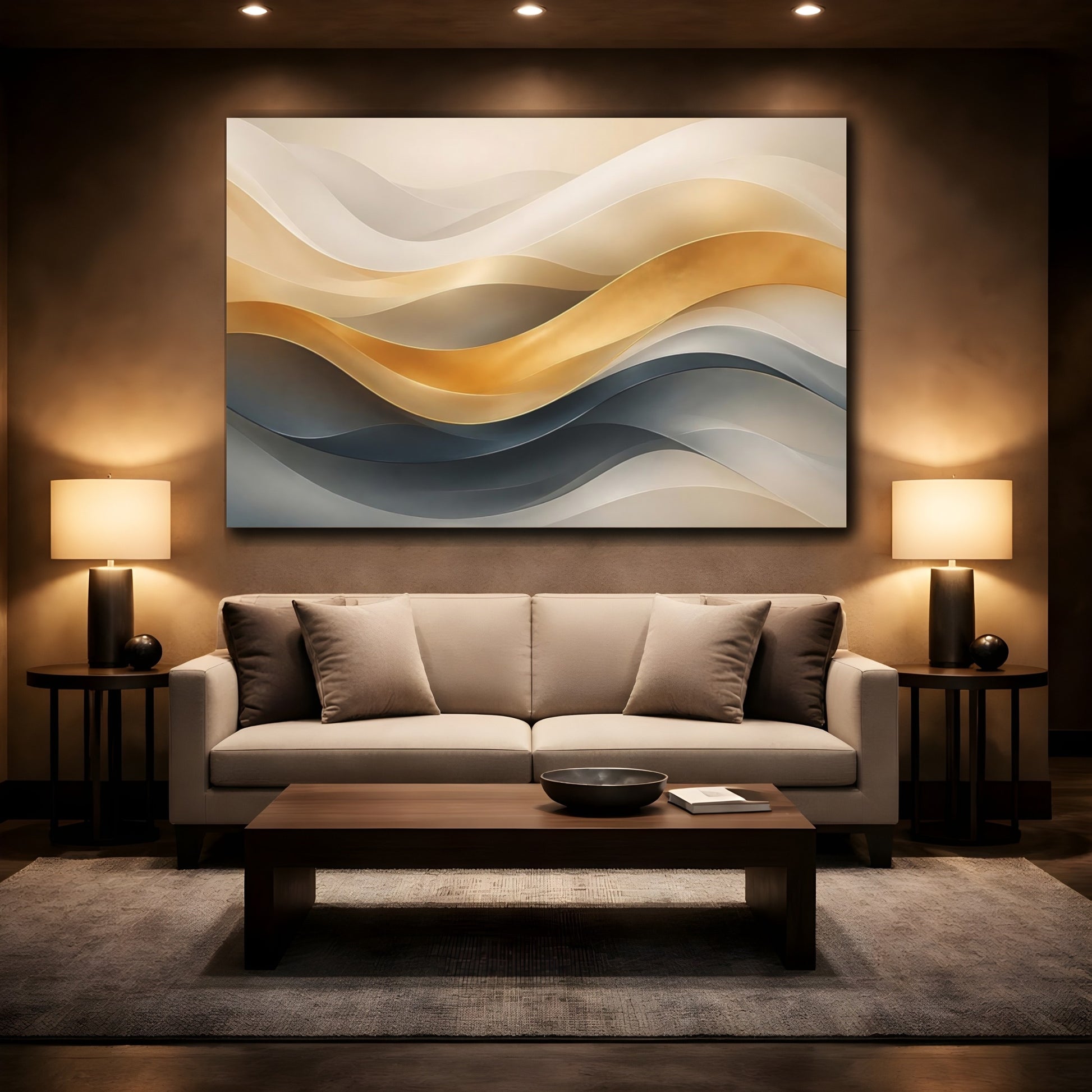 Mockup 2. Abstract Wavy Ribbons Gold And Teal shown as stretched canvas wall art