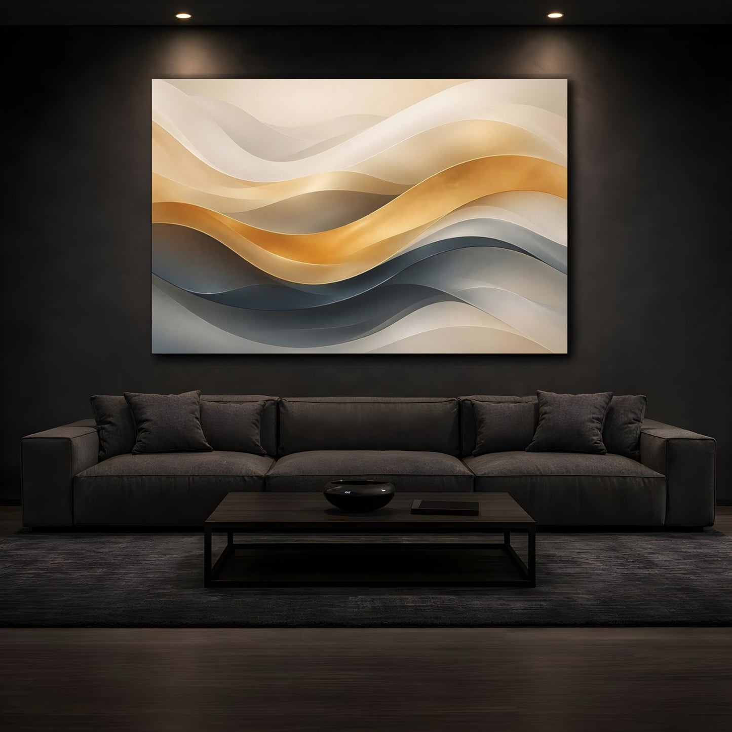 Mockup 3. Abstract Wavy Ribbons Gold And Teal shown as stretched canvas wall art