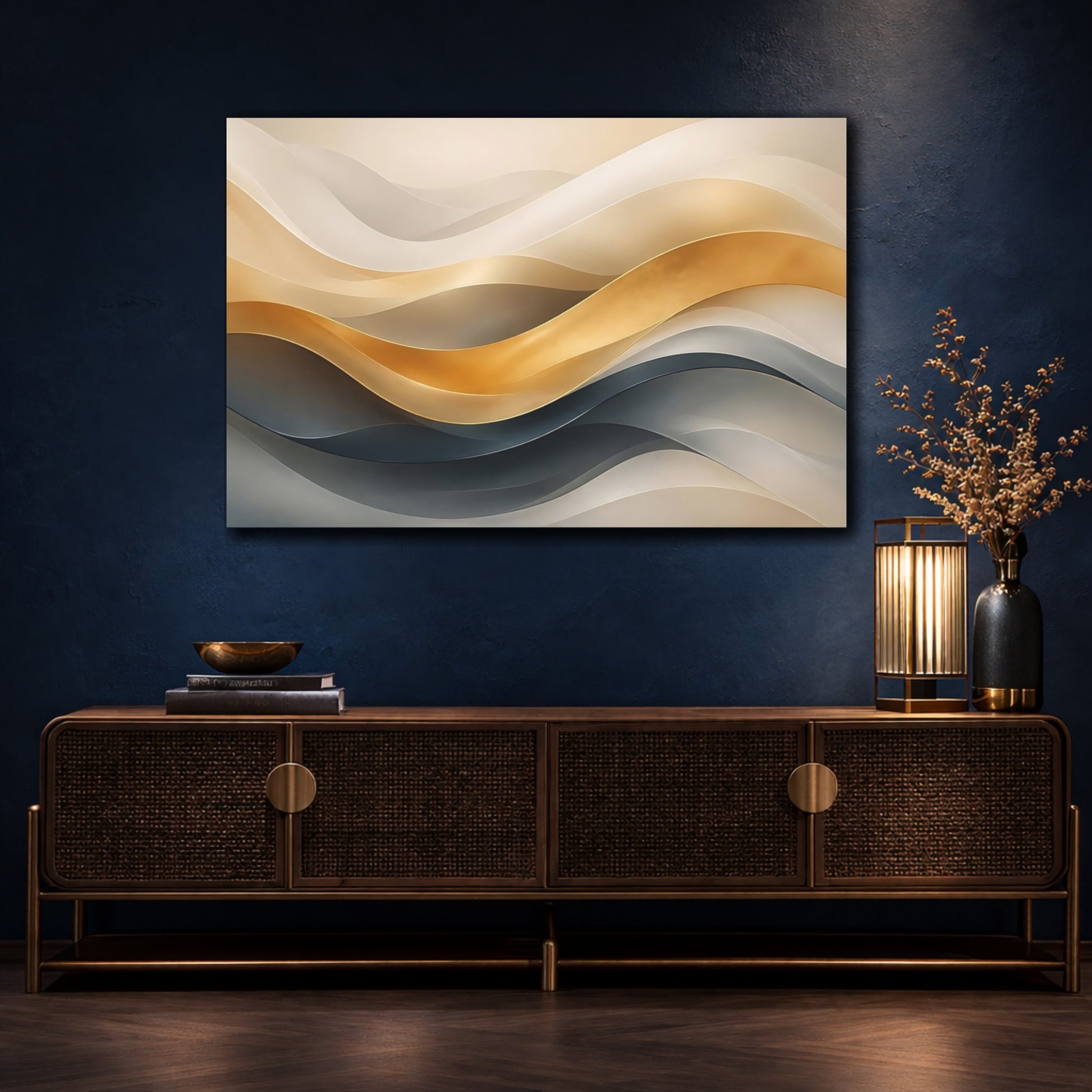 Mockup 4. Abstract Wavy Ribbons Gold And Teal shown as stretched canvas wall art