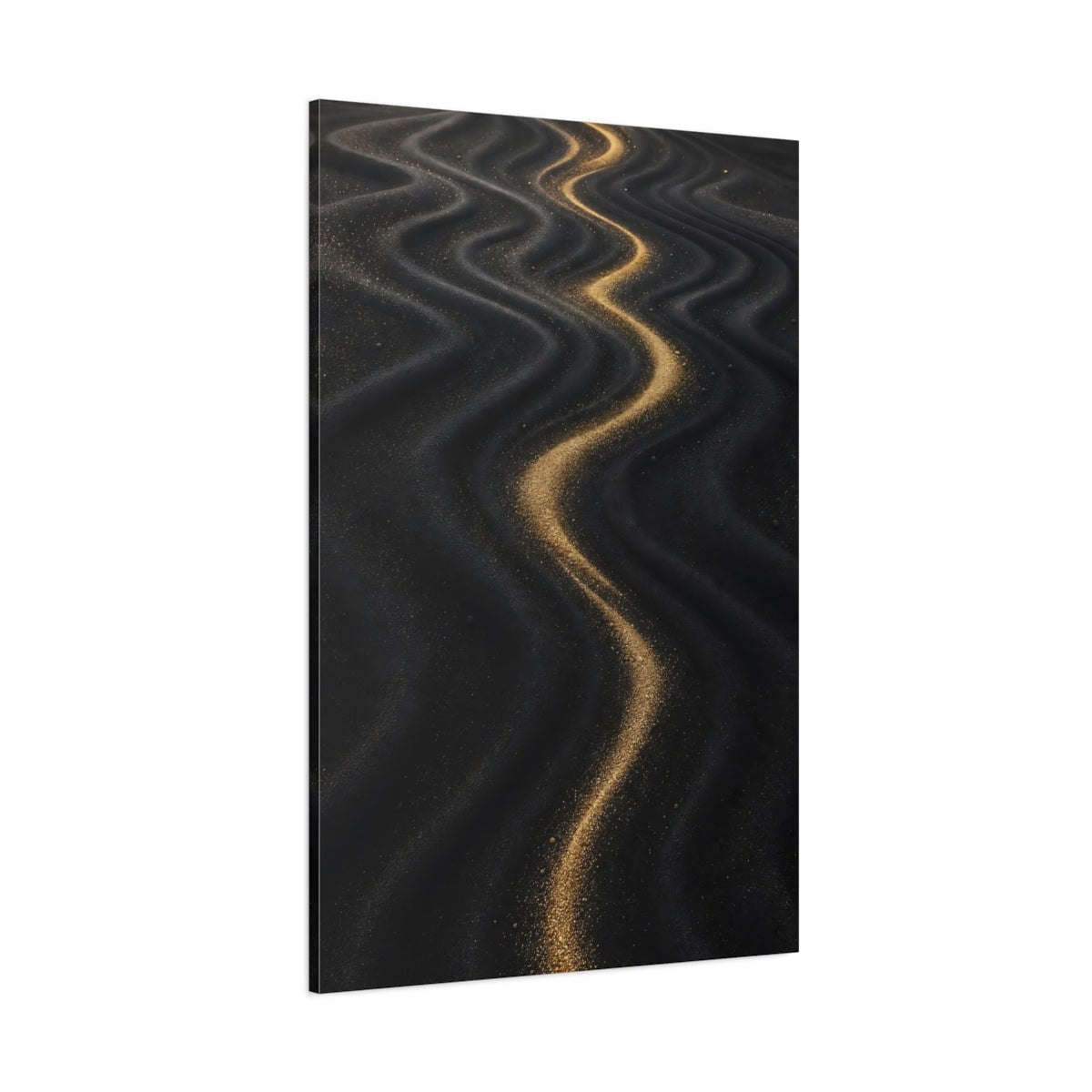 Side Mockup 1. Abstract Wavy Sand Gold And Black shown as stretched canvas wall art