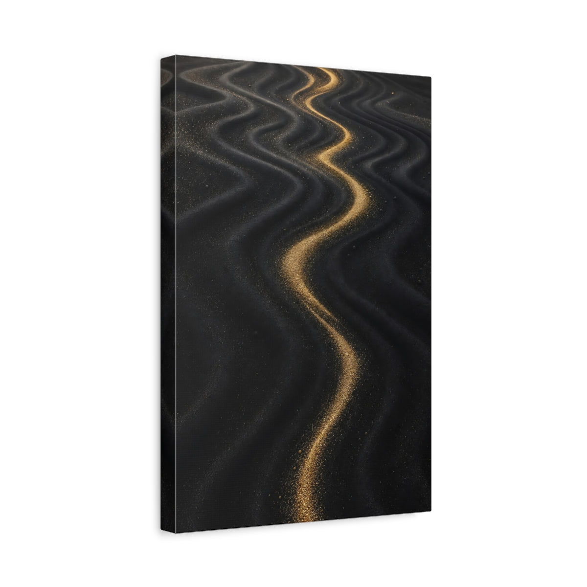 Side Mockup 4. Abstract Wavy Sand Gold And Black shown as stretched canvas wall art
