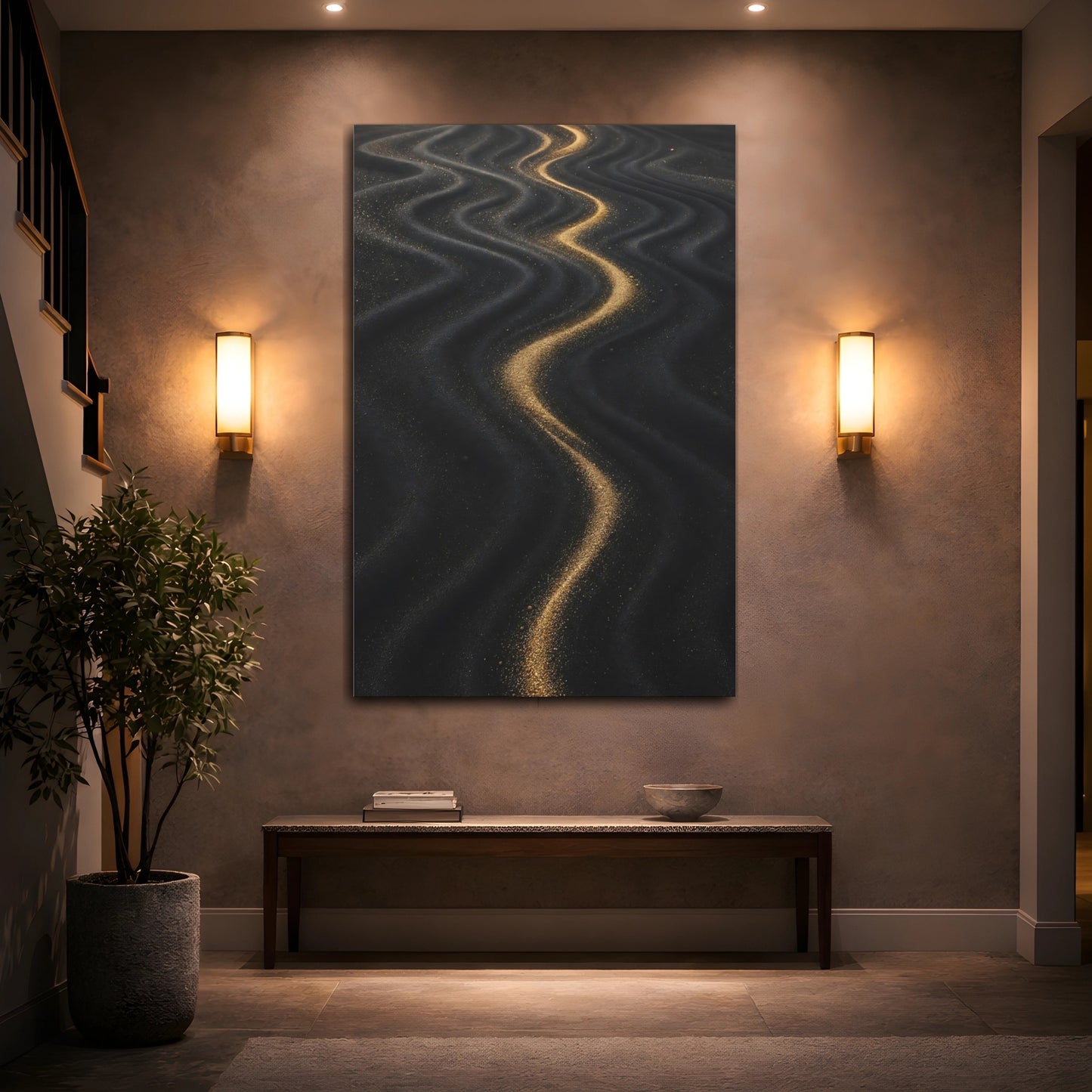 Mockup 2. Abstract Wavy Sand Gold And Black shown as stretched canvas wall art