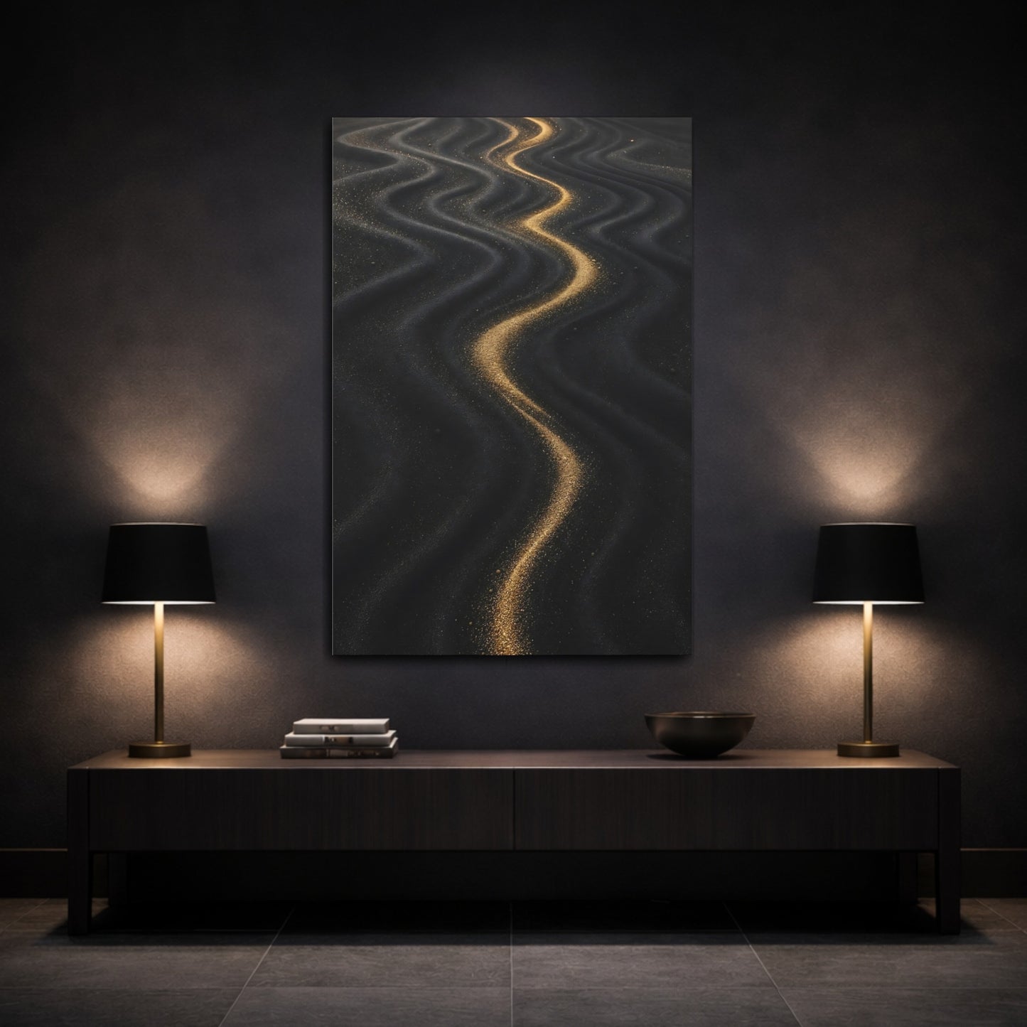 Mockup 3. Abstract Wavy Sand Gold And Black shown as stretched canvas wall art