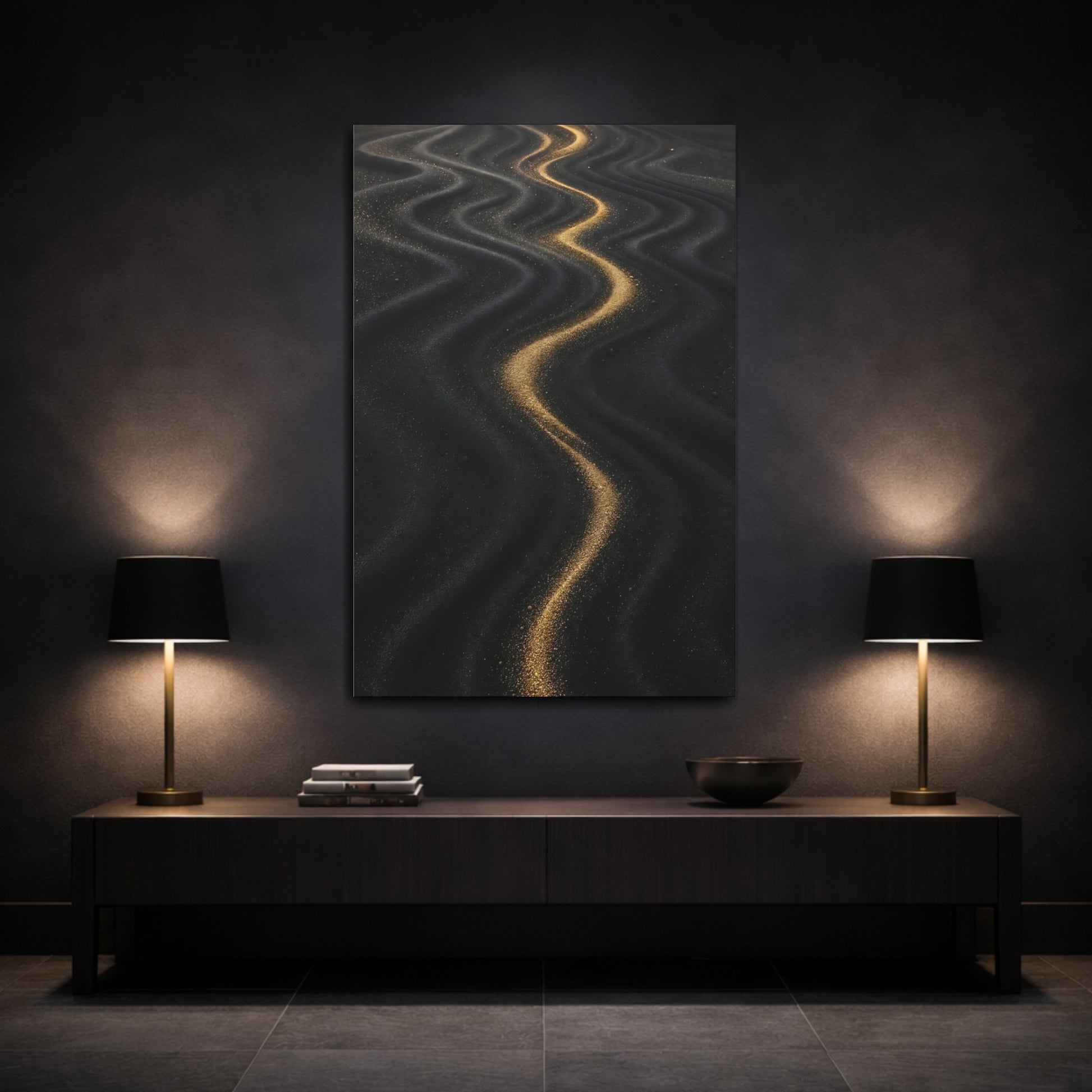 Mockup 3. Abstract Wavy Sand Gold And Black shown as stretched canvas wall art