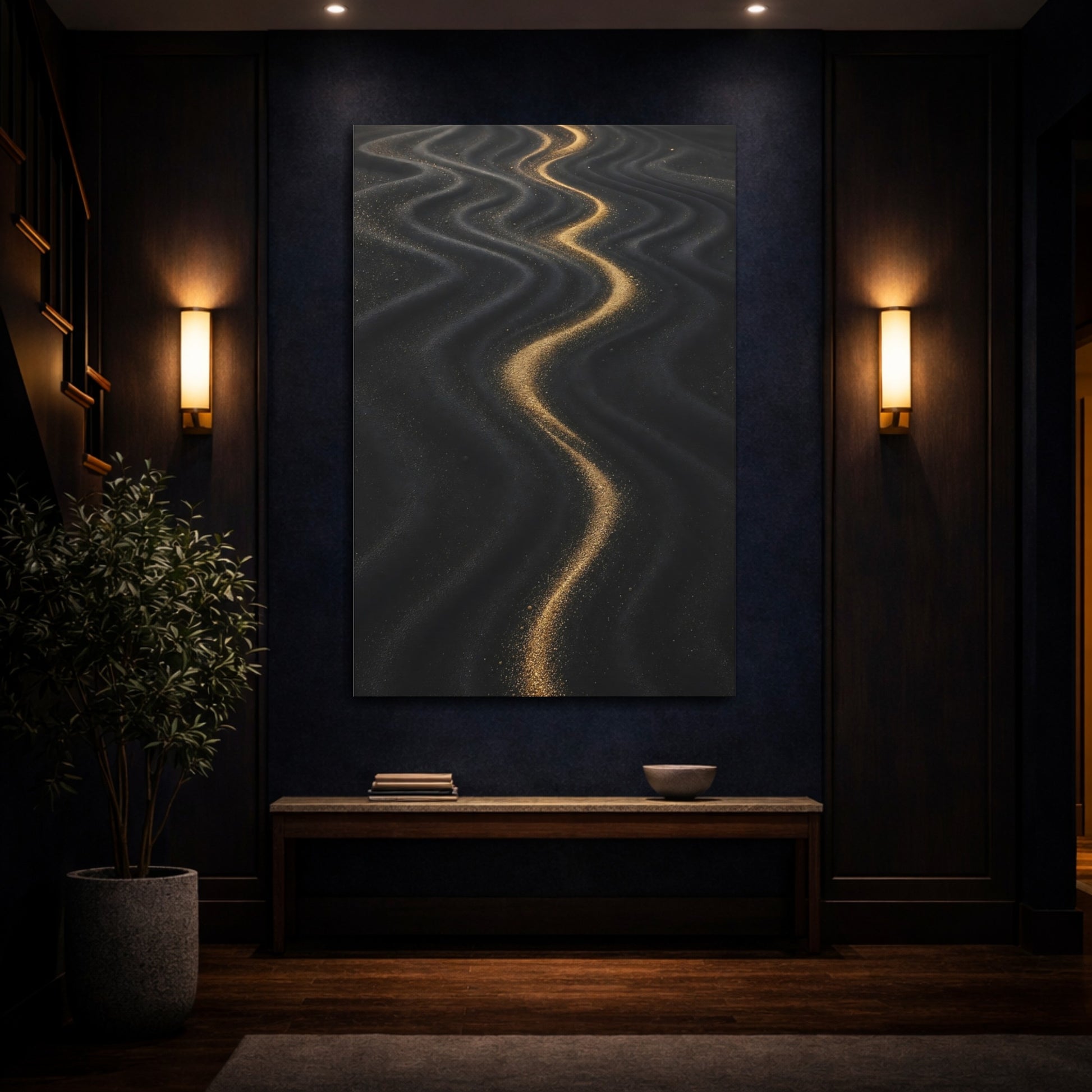 Mockup 4. Abstract Wavy Sand Gold And Black shown as stretched canvas wall art