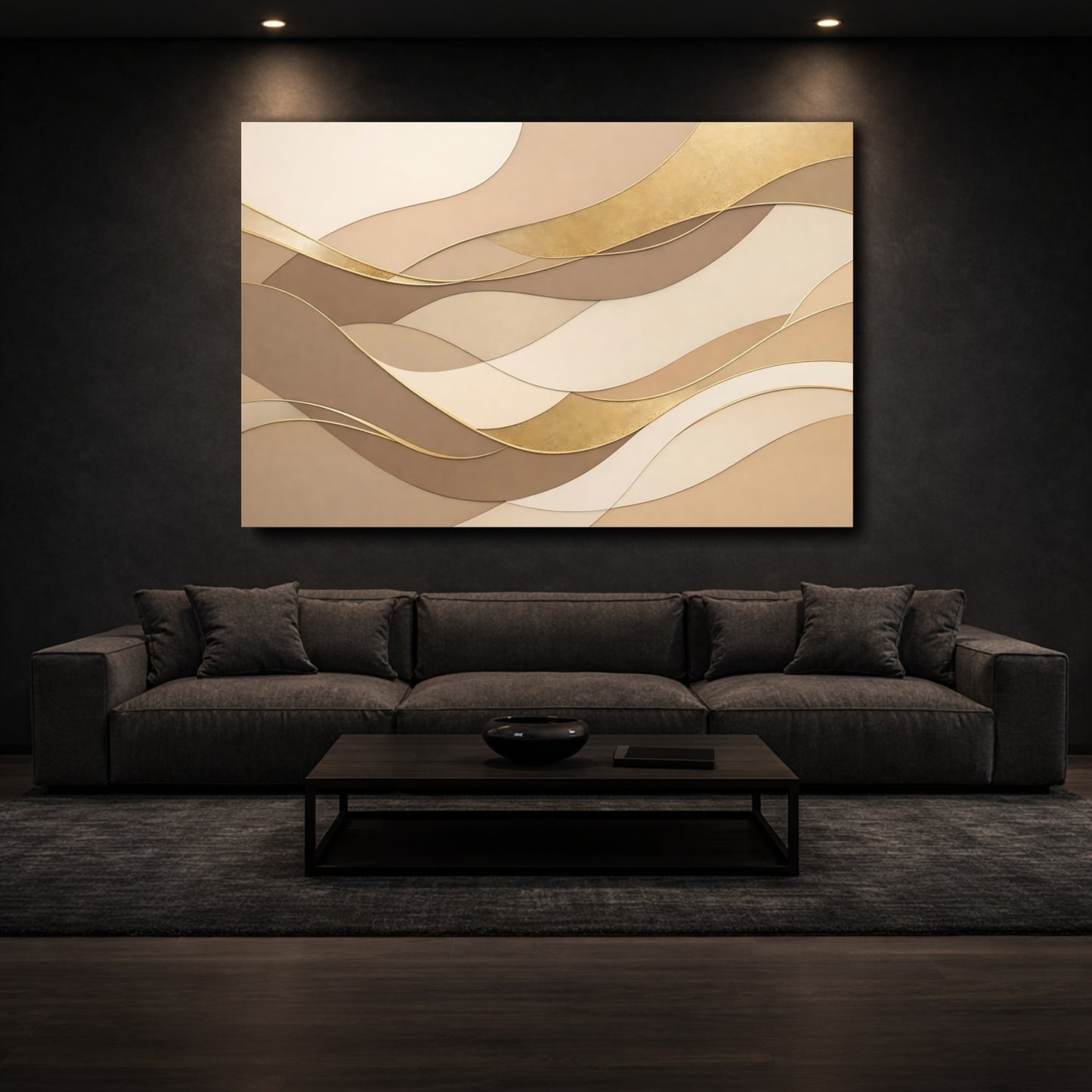 Mockup 2. Abstract Wavy Shapes Brown And Gold shown as stretched canvas wall art