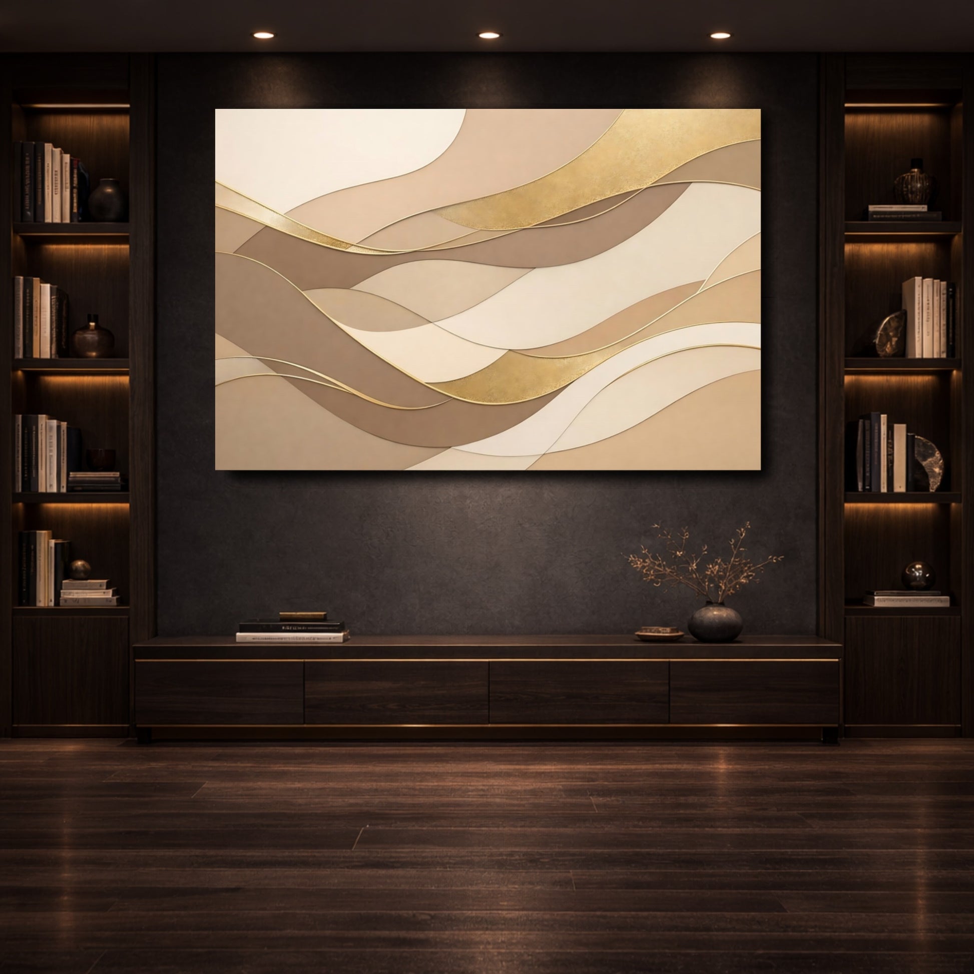 Mockup 3. Abstract Wavy Shapes Brown And Gold shown as stretched canvas wall art
