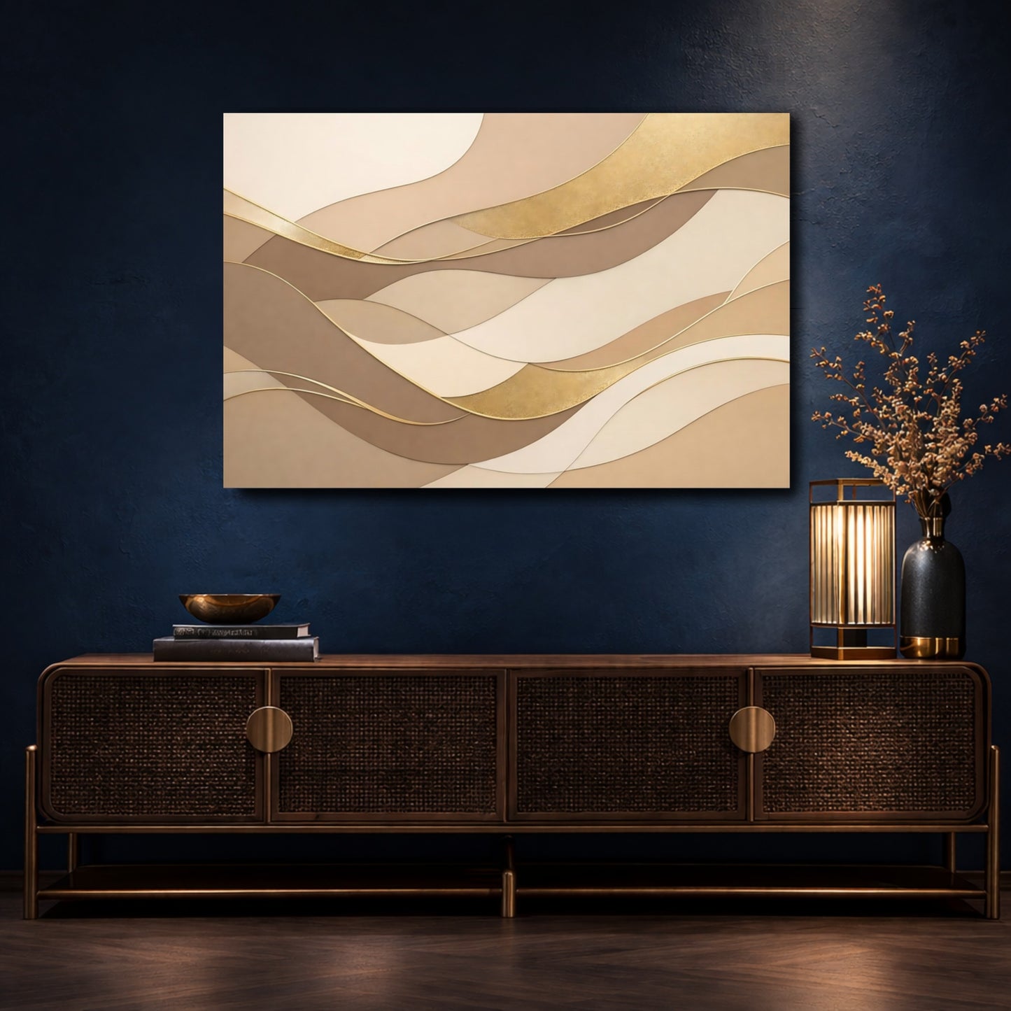 Mockup 4. Abstract Wavy Shapes Brown And Gold shown as stretched canvas wall art