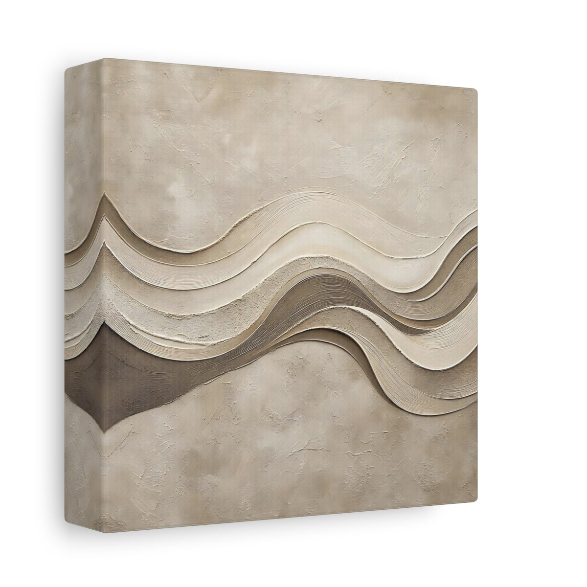 Side Mockup 2. Abstract Wavy Texture Beige And Brown shown as stretched canvas wall art