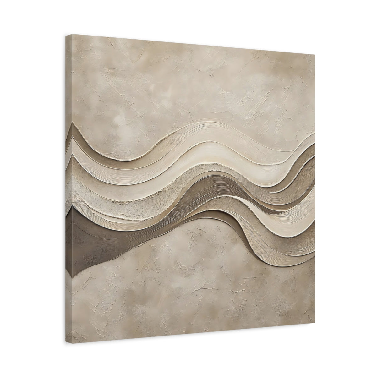 Side Mockup 4. Abstract Wavy Texture Beige And Brown shown as stretched canvas wall art