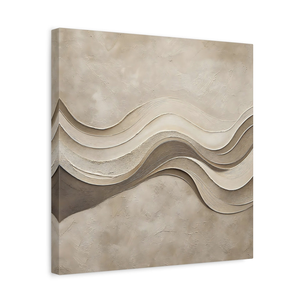 Side Mockup 6. Abstract Wavy Texture Beige And Brown shown as stretched canvas wall art