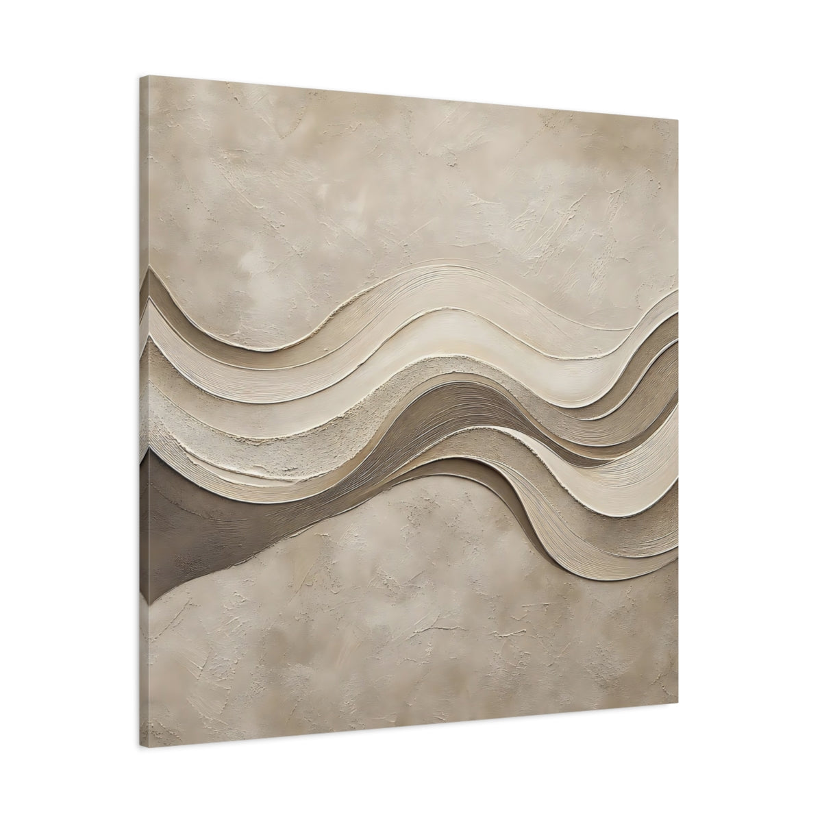Side Mockup 1. Abstract Wavy Texture Beige And Brown shown as stretched canvas wall art