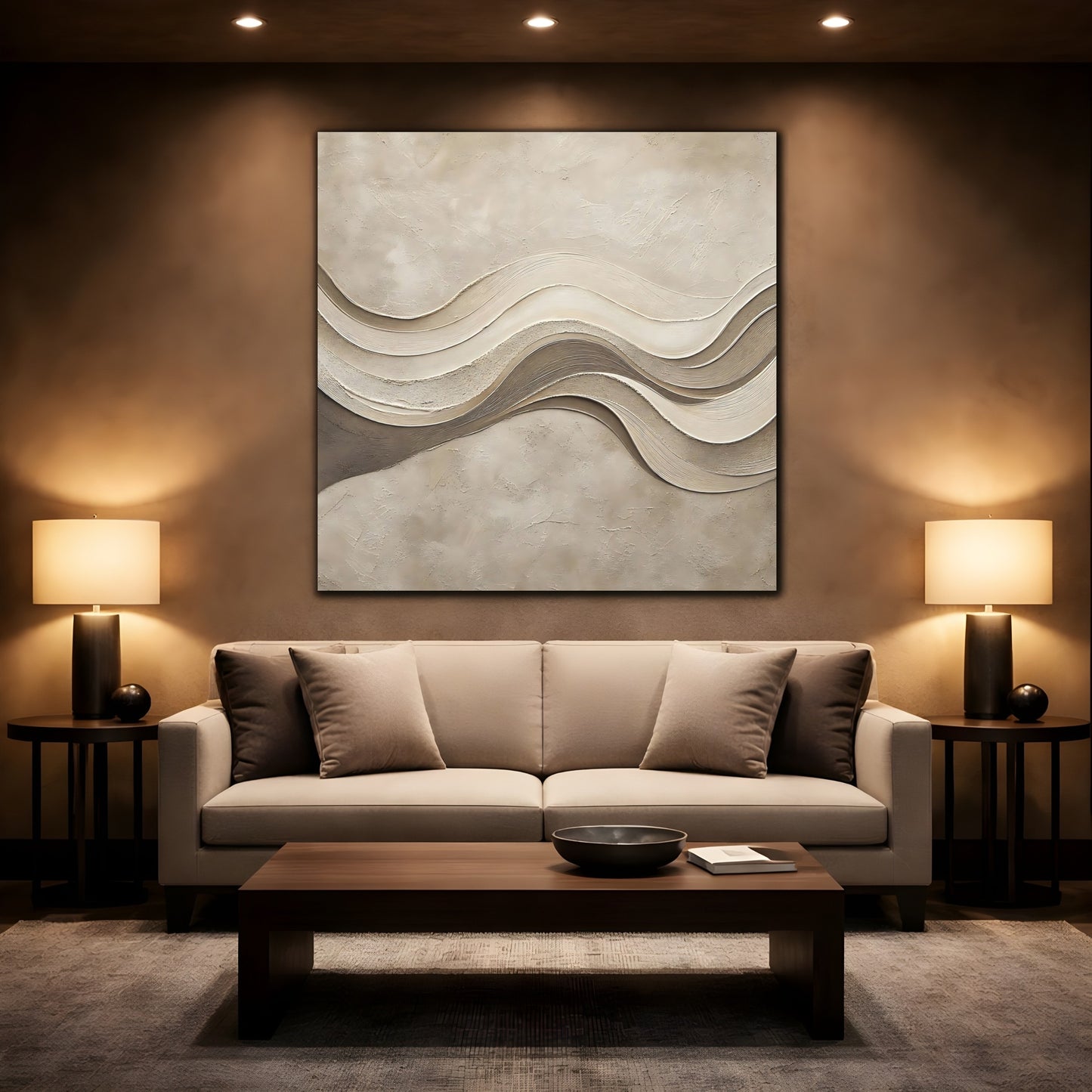 Mockup 2. Abstract Wavy Texture Beige And Brown shown as stretched canvas wall art