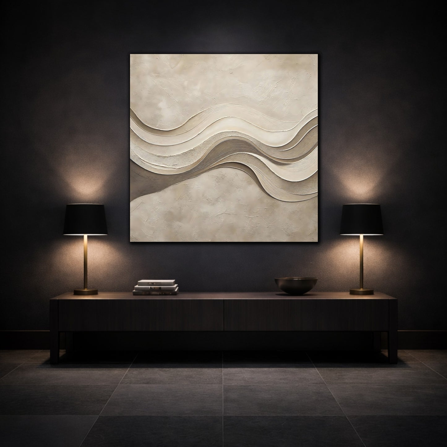 Mockup 3. Abstract Wavy Texture Beige And Brown shown as stretched canvas wall art