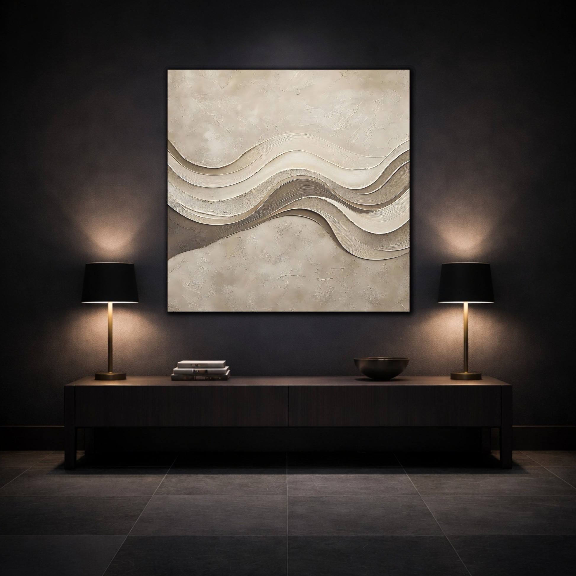 Mockup 3. Abstract Wavy Texture Beige And Brown shown as stretched canvas wall art