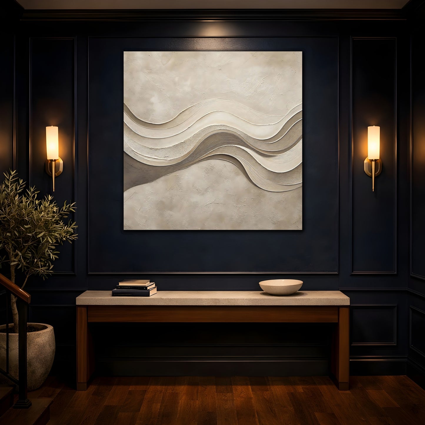 Mockup 4. Abstract Wavy Texture Beige And Brown shown as stretched canvas wall art