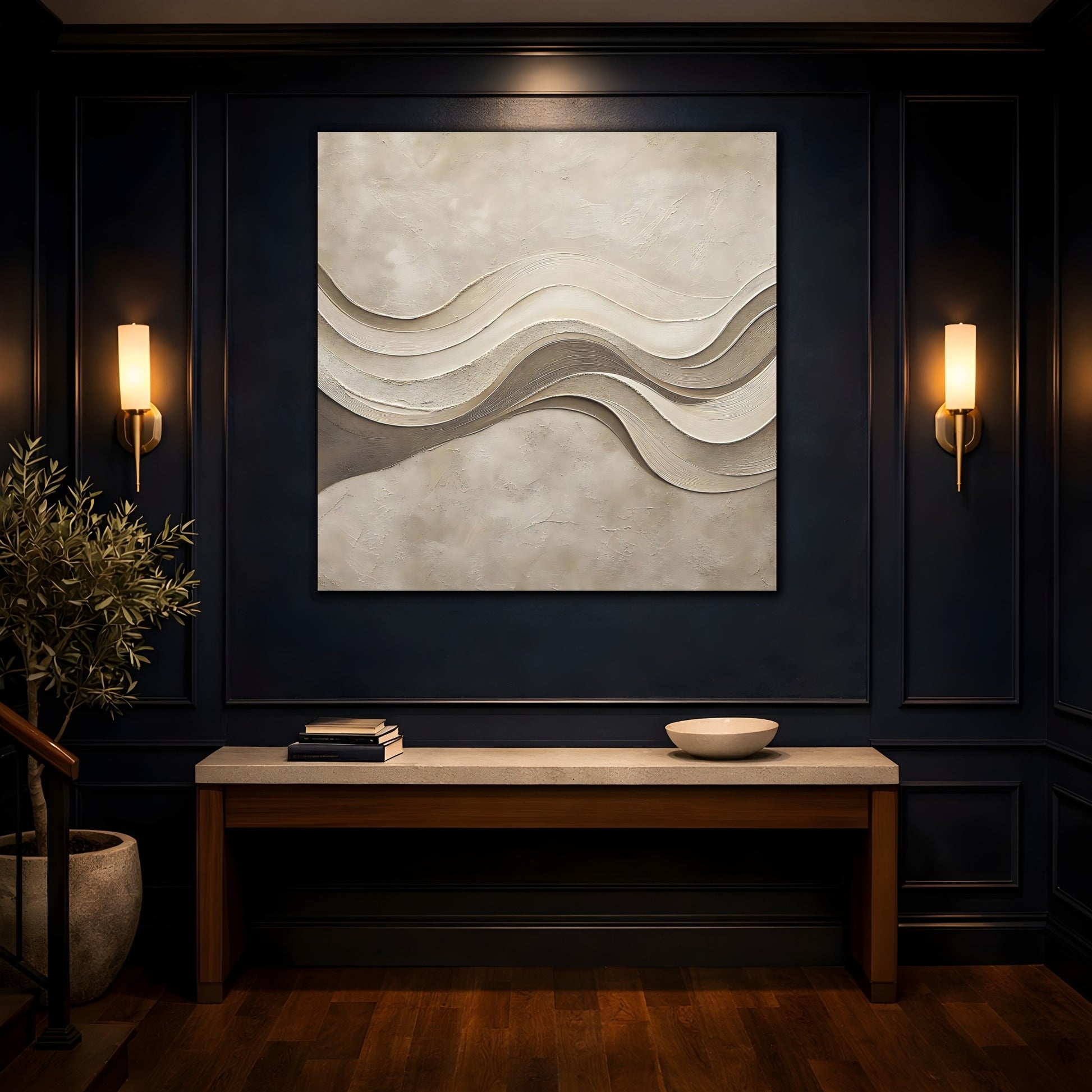 Mockup 4. Abstract Wavy Texture Beige And Brown shown as stretched canvas wall art