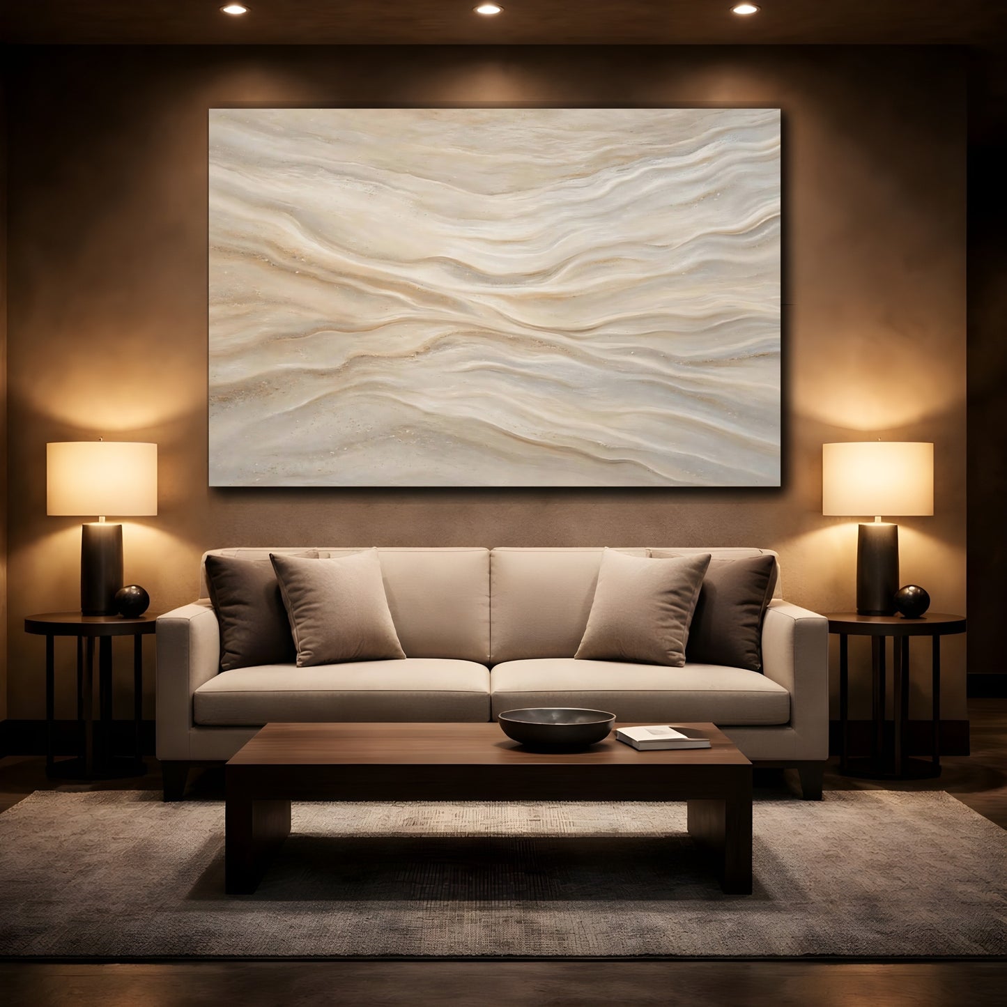 Mockup 2. Abstract Wavy Texture Beige Tan shown as stretched canvas wall art