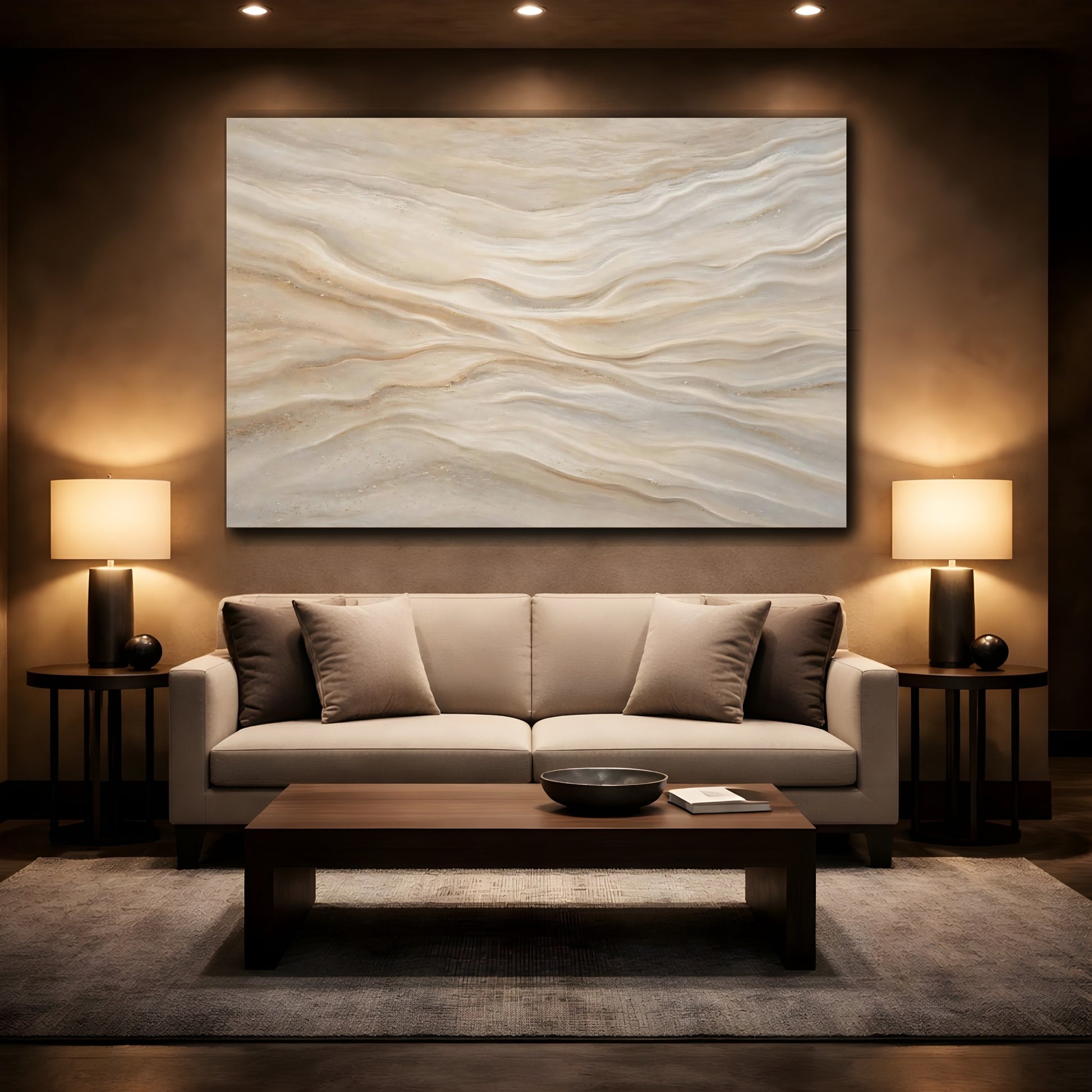 Mockup 2. Abstract Wavy Texture Beige Tan shown as stretched canvas wall art