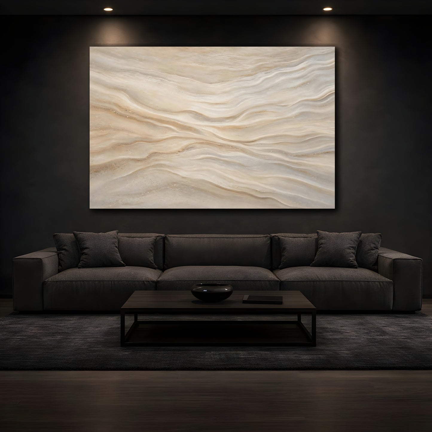 Mockup 3. Abstract Wavy Texture Beige Tan shown as stretched canvas wall art