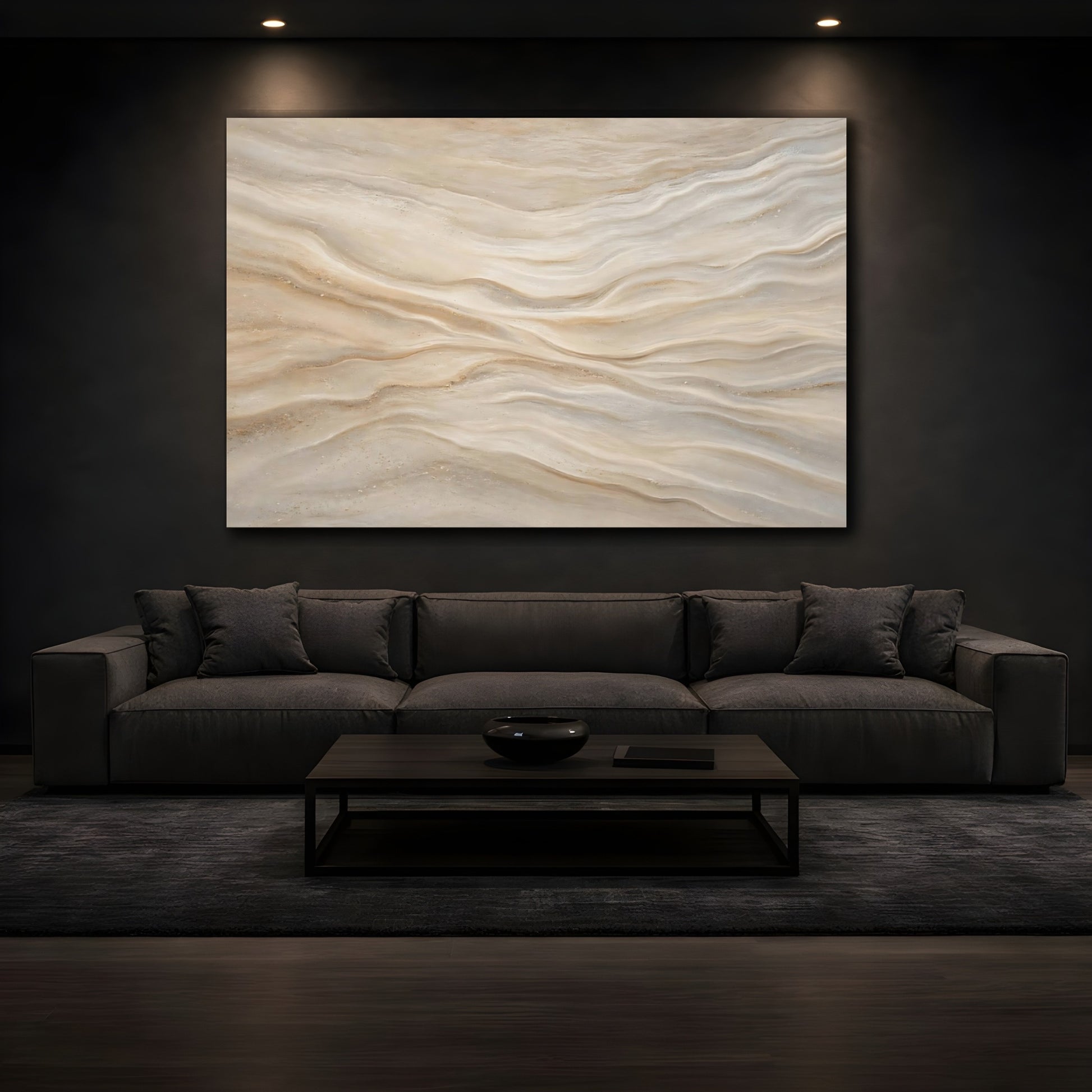 Mockup 3. Abstract Wavy Texture Beige Tan shown as stretched canvas wall art