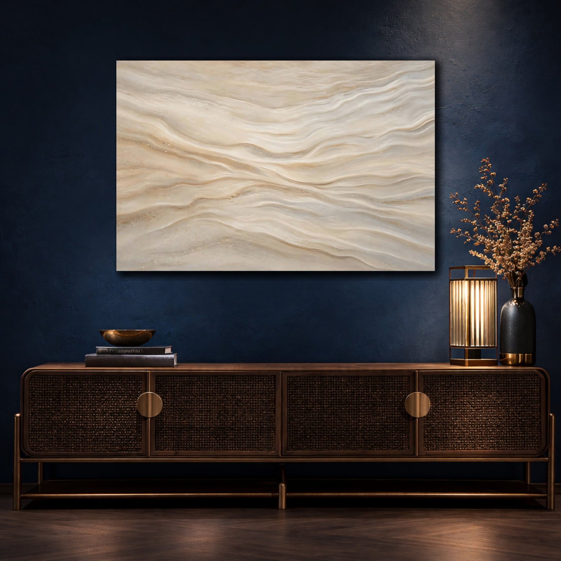 Mockup 4. Abstract Wavy Texture Beige Tan shown as stretched canvas wall art