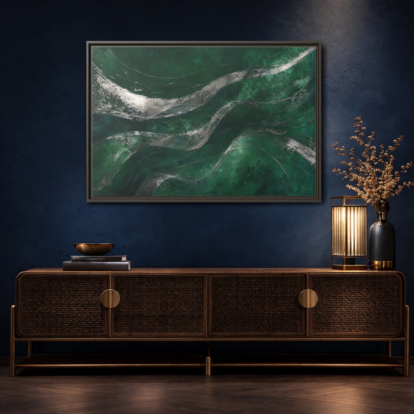 Abstract Wavy Texture Green And Silver Framed Canvas Print – Decor for Living Room, Above Console Table - YesArtYes